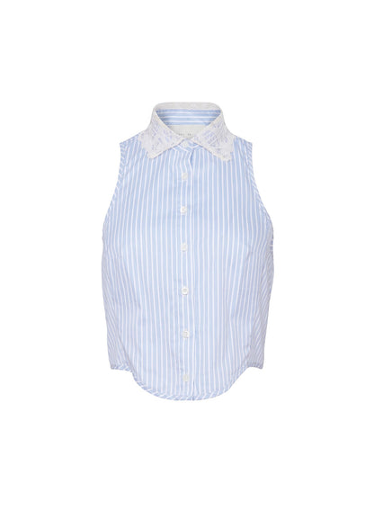Fleur du Mal Blue Stripe Poplin Embroidery Collar Bib Top