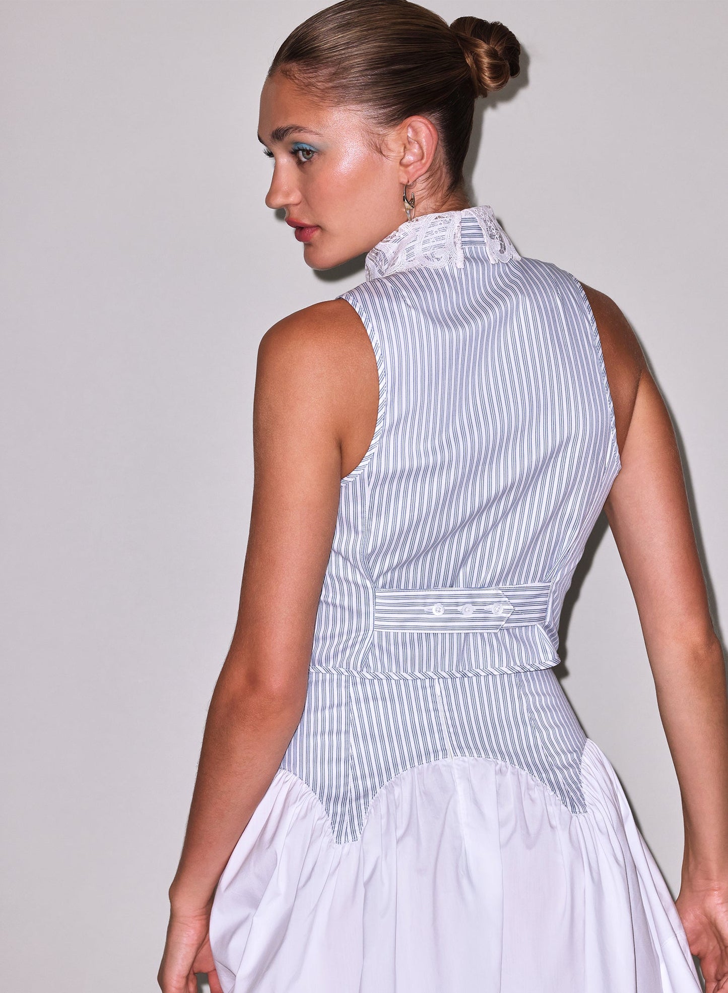 Fleur du Mal Blue Stripe Poplin Embroidery Collar Bib Top