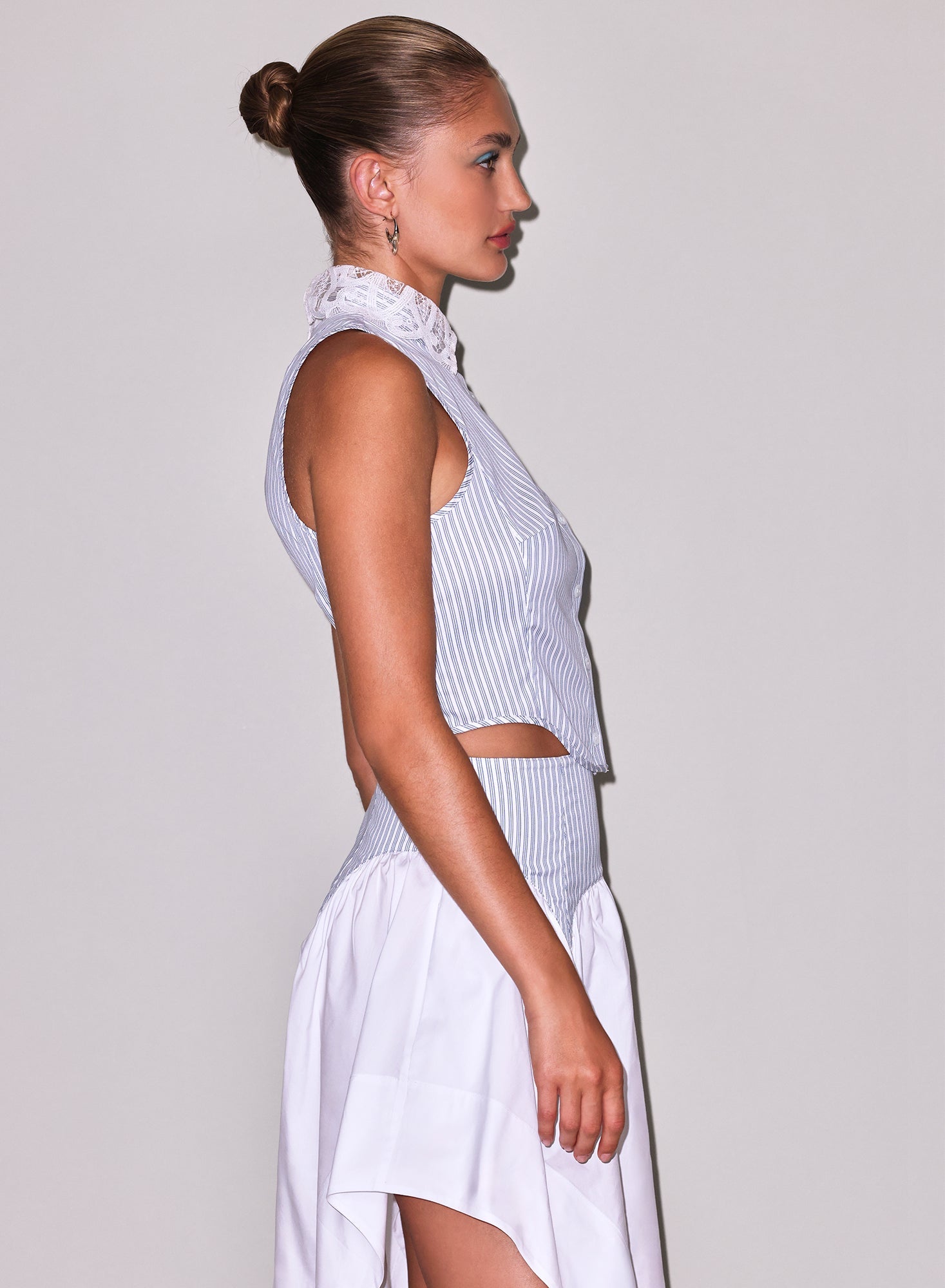 Fleur du Mal Blue Stripe Poplin Embroidery Collar Bib Top