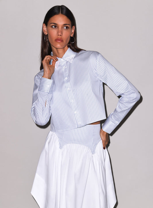 Fleur du Mal Blue East Hampton Stripe Poplin Cropped Button Down