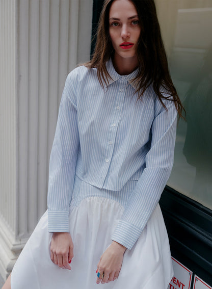 Fleur du Mal Blue East Hampton Stripe Poplin Cropped Button Down