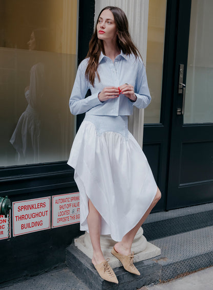 Fleur du Mal Blue East Hampton Stripe Poplin Cropped Button Down