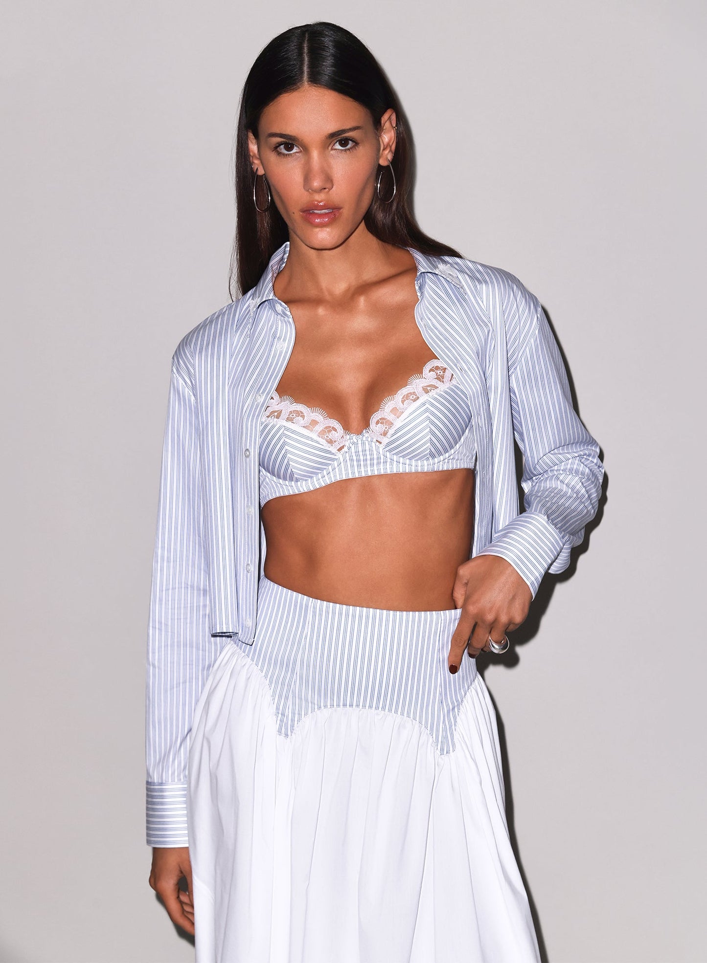Fleur du Mal Blue East Hampton Stripe Poplin Cropped Button Down