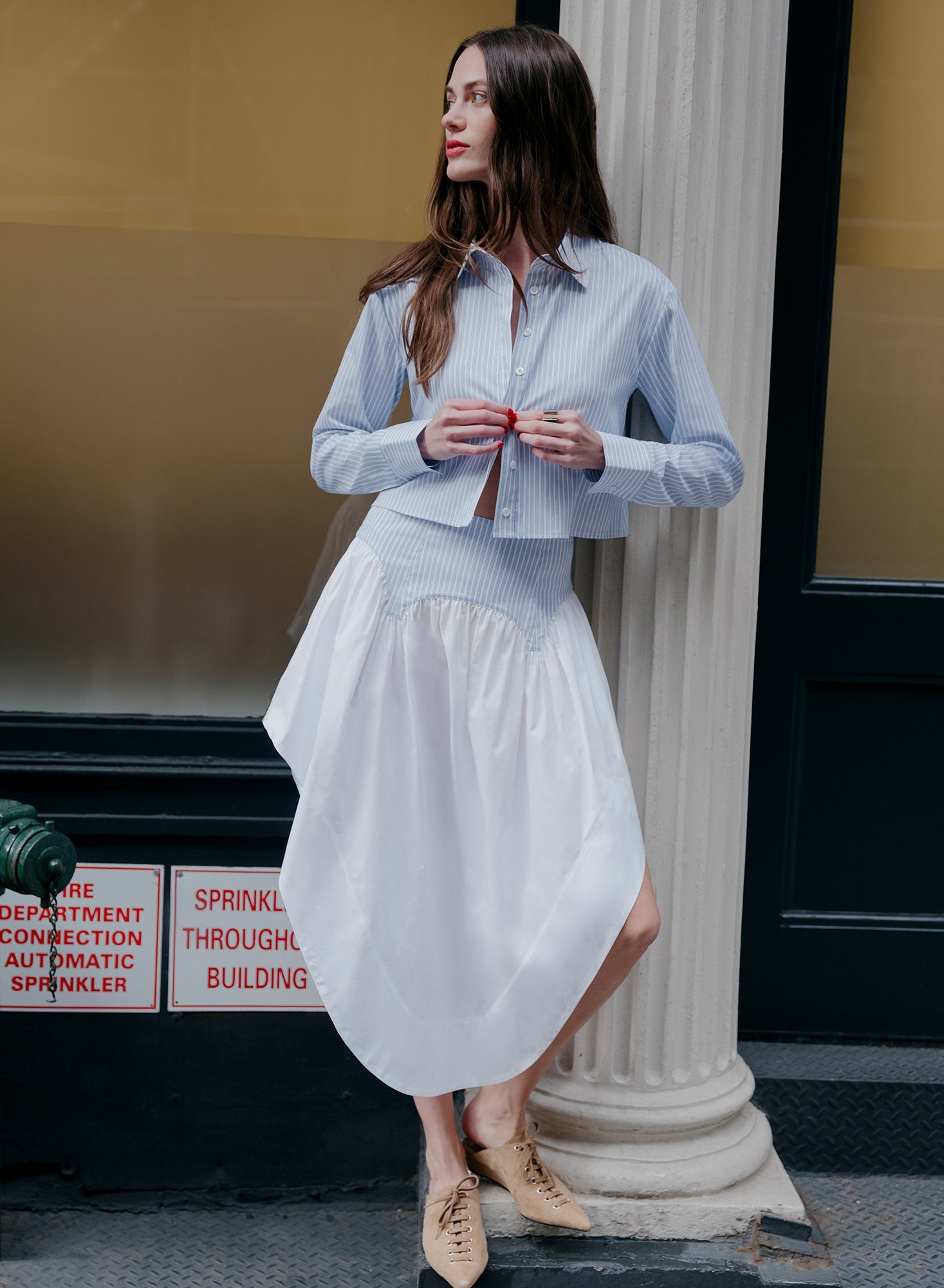 Fleur du Mal Blue East Hampton Stripe Poplin Cropped Button Down