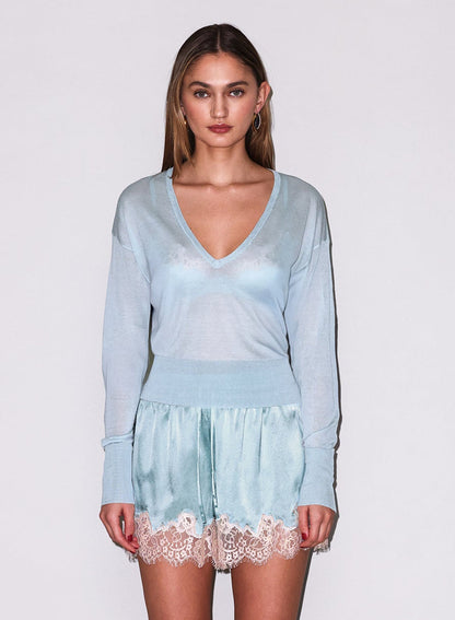 Fleur du Mal Frosted Mint Sheer Knit V-Neck Sweater