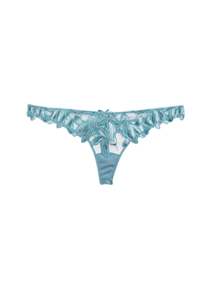 Fleur du Mal Velvet Icy Teal Lily Embroidery Hipster Thong