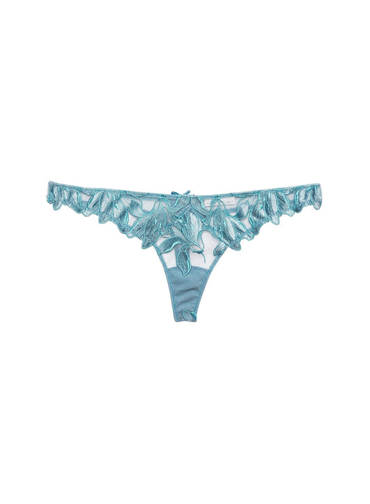 Fleur du Mal Velvet Icy Teal Lily Embroidery Hipster Thong