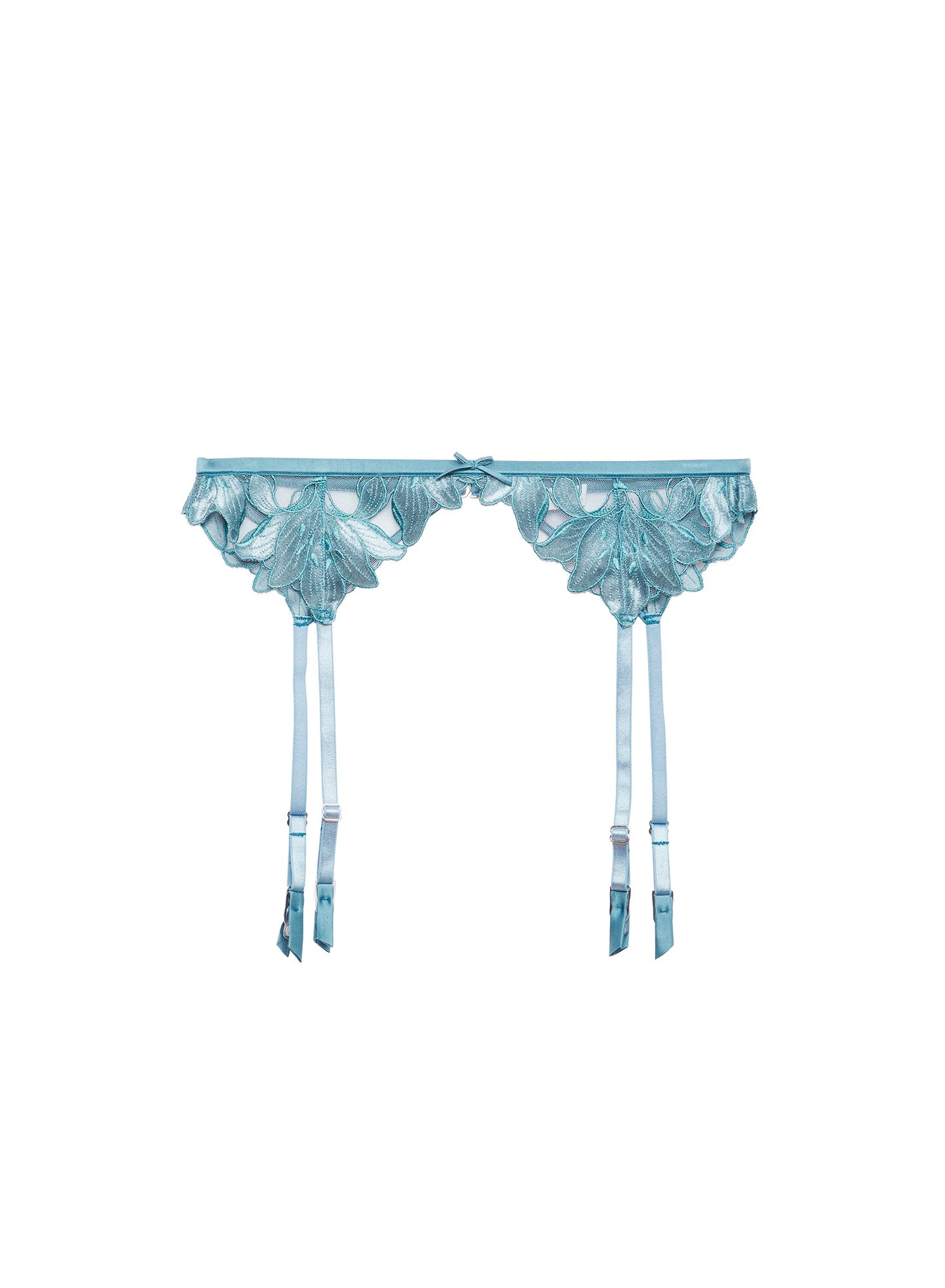 Fleur du Mal Icy Teal Velvet Lily Embroidery Garter Belt