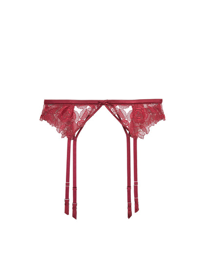Fleur du Mal Deep Red Rose Embroidery Garter