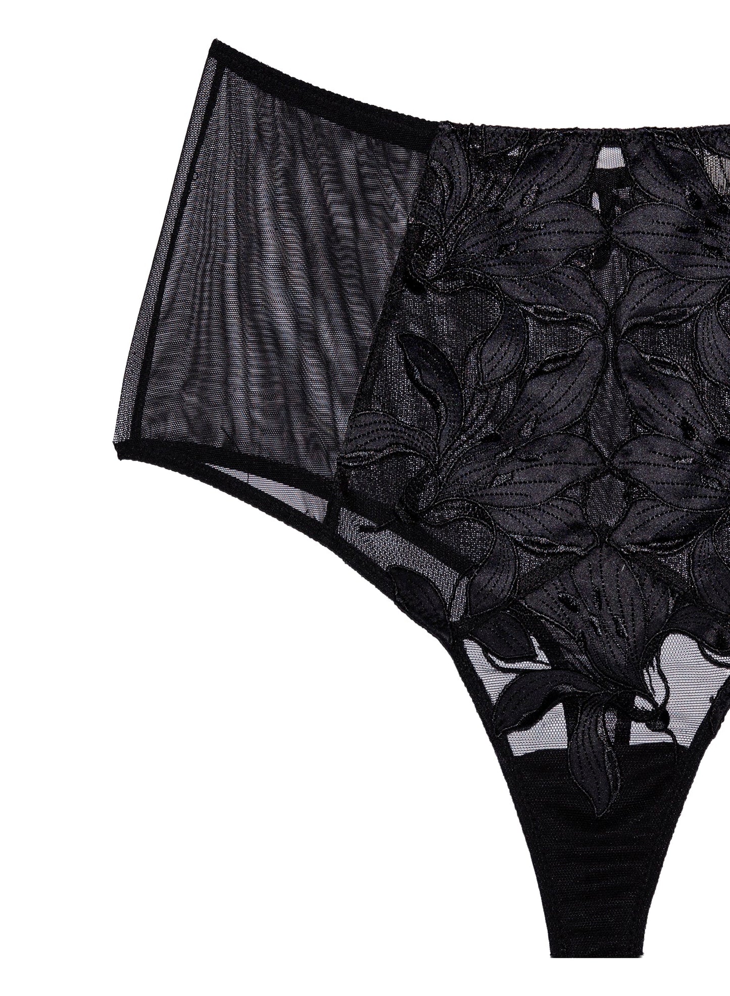 Fleur du Mal Black Lily Embroidery High Waist Thong