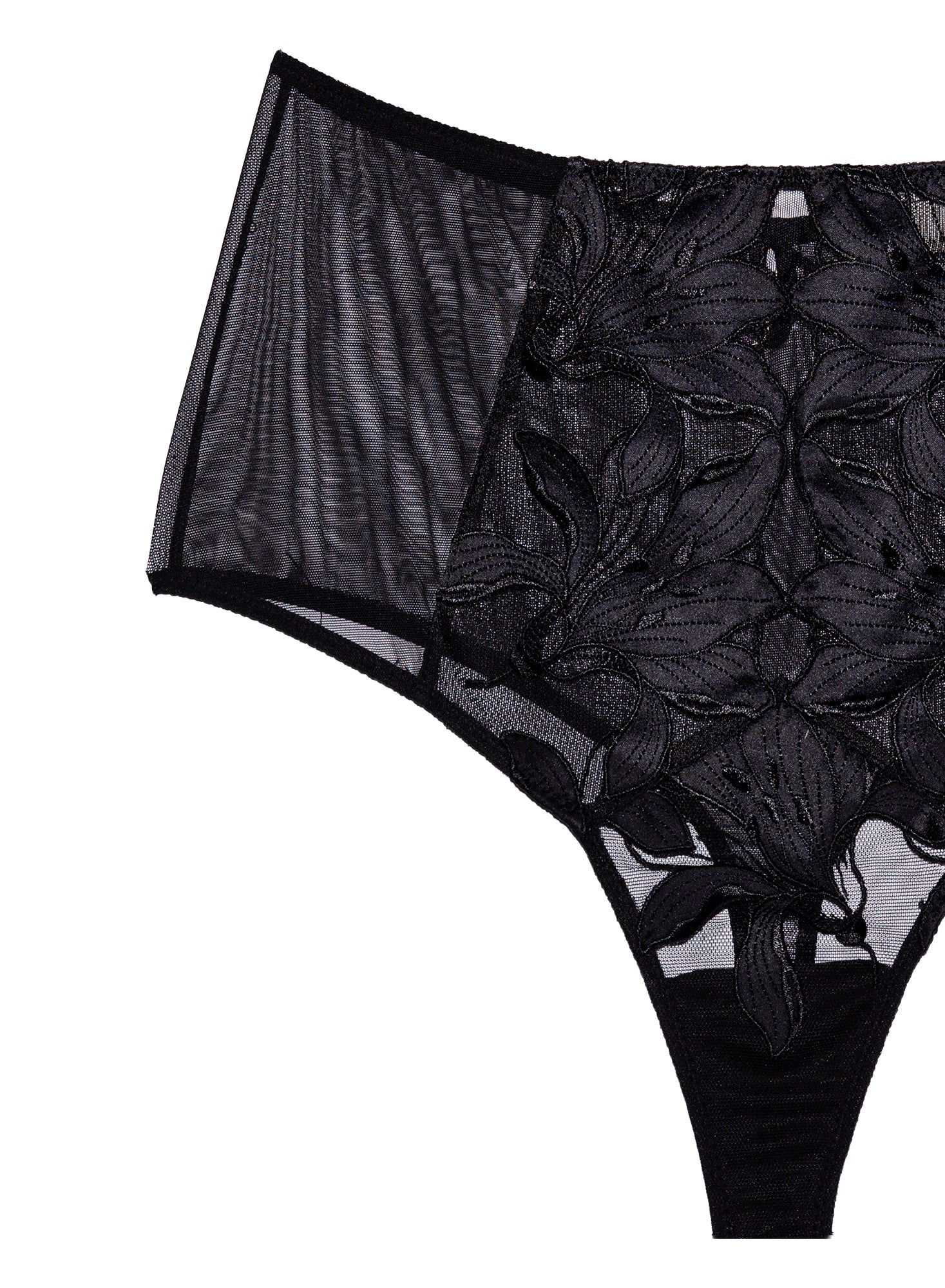 Fleur du Mal Black Lily Embroidery High Waist Thong
