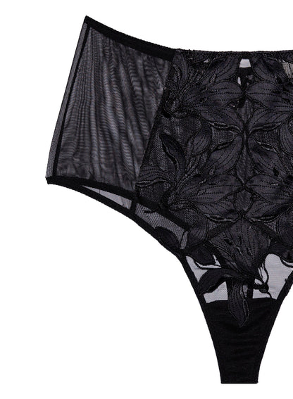 Fleur du Mal Black Lily Embroidery High Waist Thong
