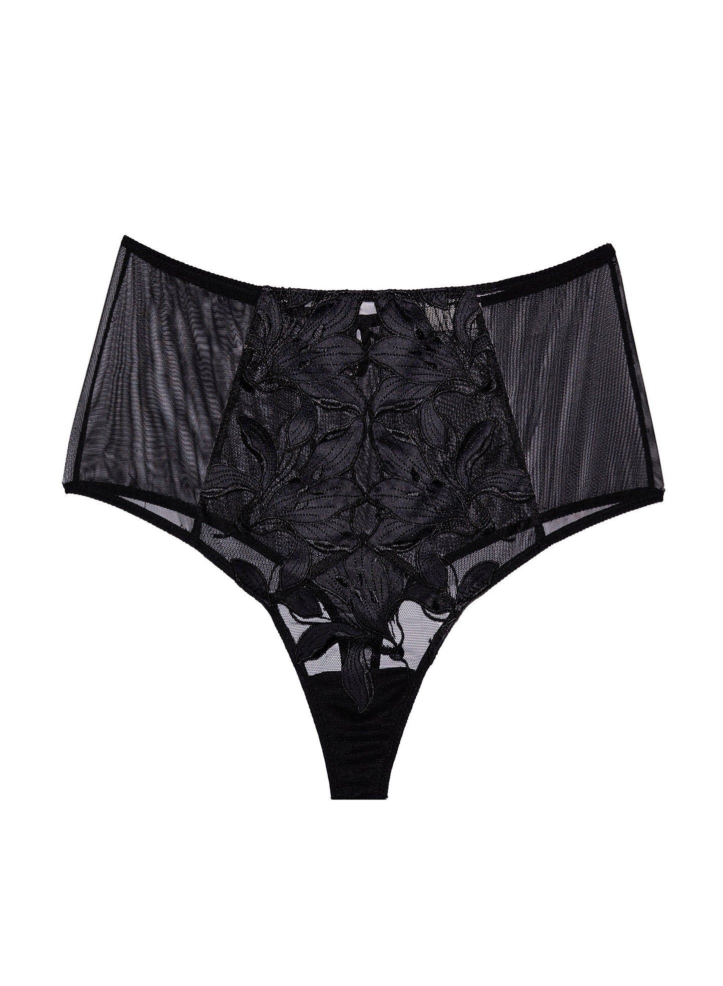 Fleur du Mal Black Lily Embroidery High Waist Thong