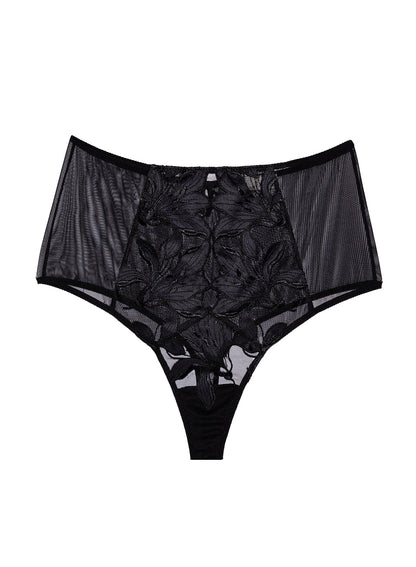 Fleur du Mal Black Lily Embroidery High Waist Thong
