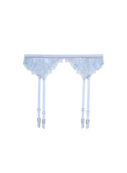 Fleur du Mal Light Blue Lily Embroidery Garter Belt