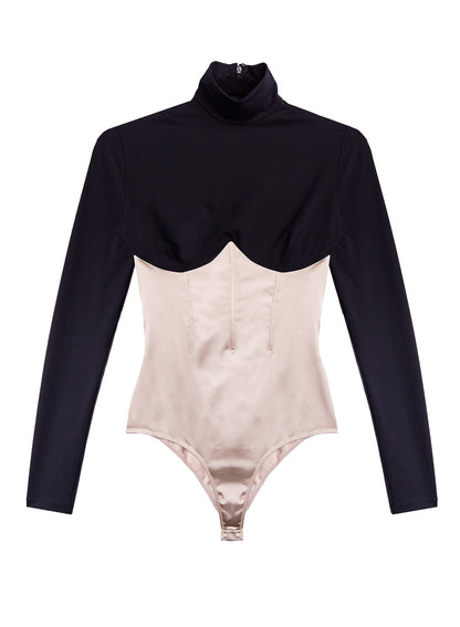 Fleur du Mal Black Bone Mock Neck Long Sleeve Bodysuit