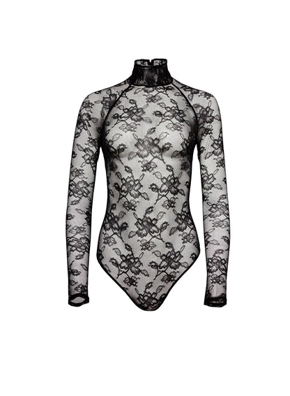 Fleur du Mal Black Mock Neck Lace Bodysuit