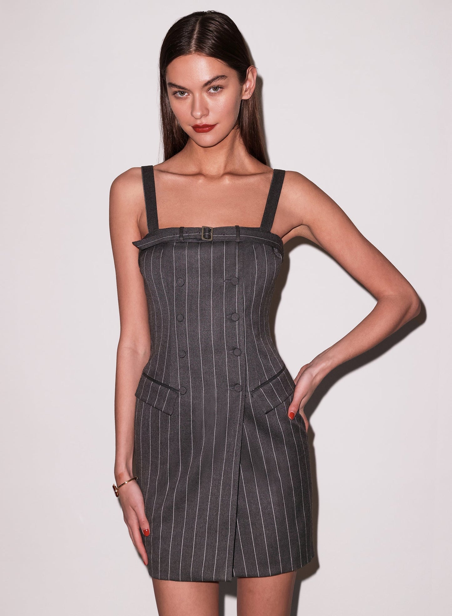 Fleur du Mal Dark Grey Pinstripe Maxwell Mini Dress