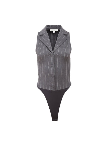 Fleur du Mal Dark Grey Pinstripe Maxwell Vest Bodysuit